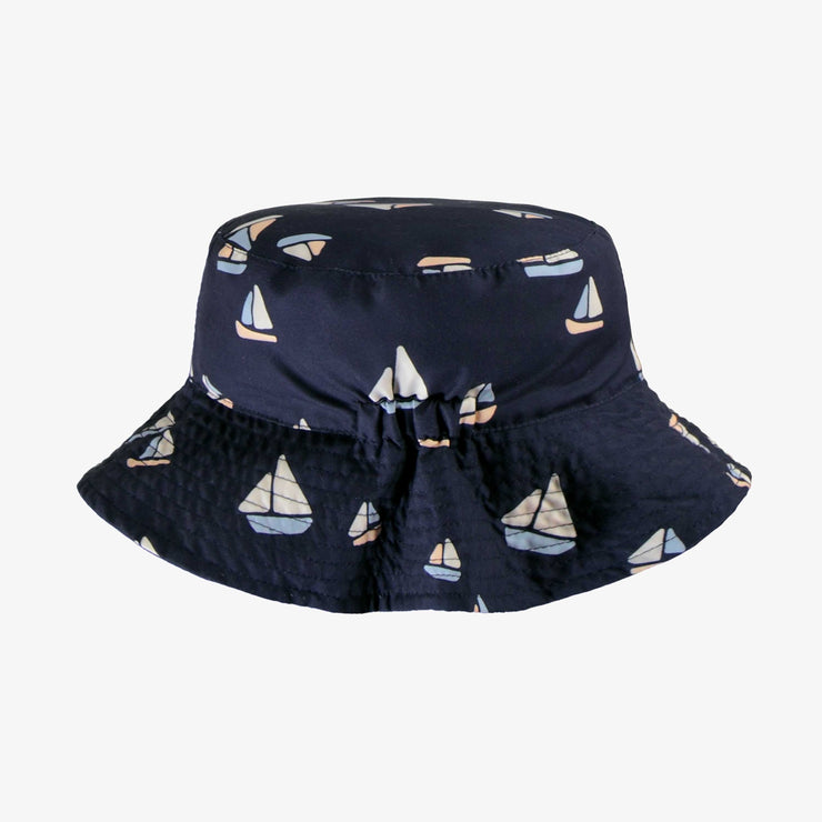 Chapeau de soleil marine réversible à motif de voiliers, enfant || Navy reversible bucket hat with sailboat print, child