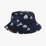 Chapeau de soleil marine réversible à motif de voiliers, enfant || Navy reversible bucket hat with sailboat print, child