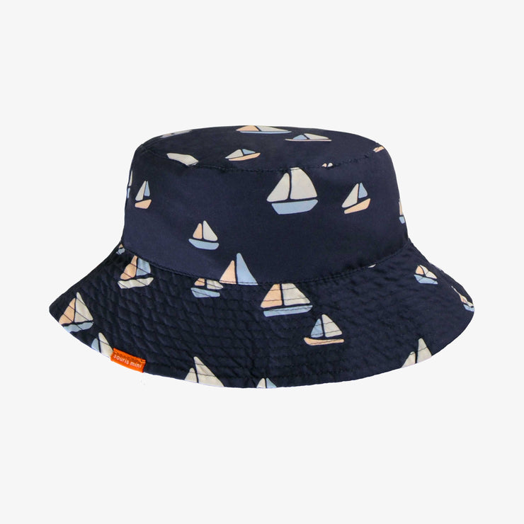 Chapeau de soleil marine réversible à motif de voiliers, enfant || Navy reversible bucket hat with sailboat print, child