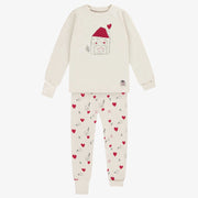 Pyjama deux pièces crème à motif de petits cœurs rouges, enfant || Cream two pieces pajama with little red hearts print, child