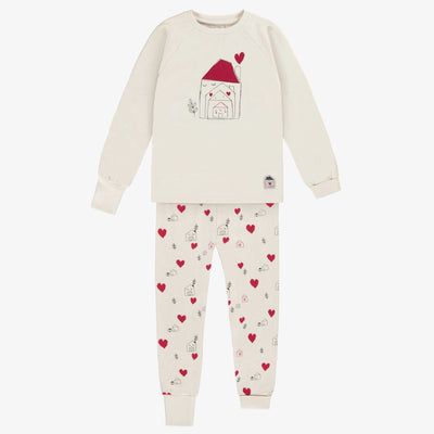 Pyjama deux pièces crème à motif de petits cœurs rouges, enfant || Cream two pieces pajama with little red hearts print, child