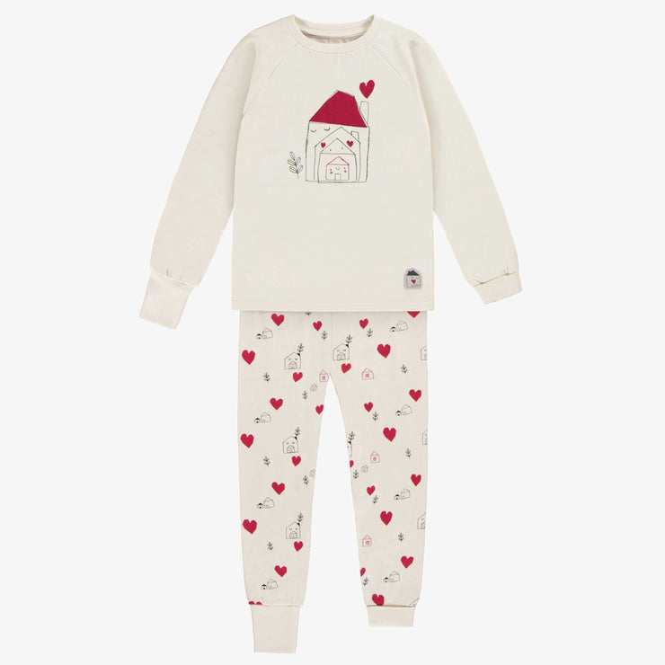Pyjama deux pièces crème à motif de petits cœurs rouges, enfant || Cream two pieces pajama with little red hearts print, child