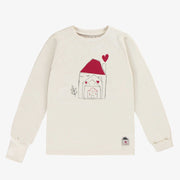 Pyjama deux pièces crème à motif de petits cœurs rouges, enfant || Cream two pieces pajama with little red hearts print, child