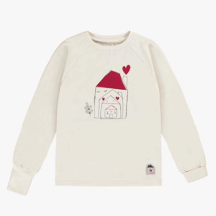 Pyjama deux pièces crème à motif de petits cœurs rouges, enfant || Cream two pieces pajama with little red hearts print, child