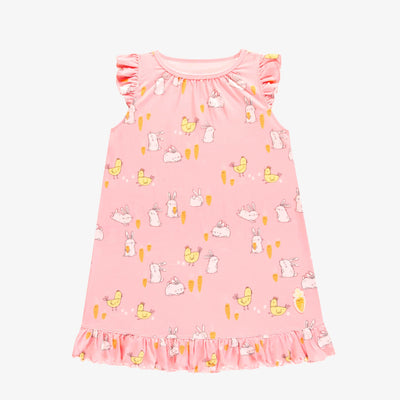 Robe de nuit rose avec motif de lapins et de poules, enfant || Pink night dress with bunnies and chickens print, child