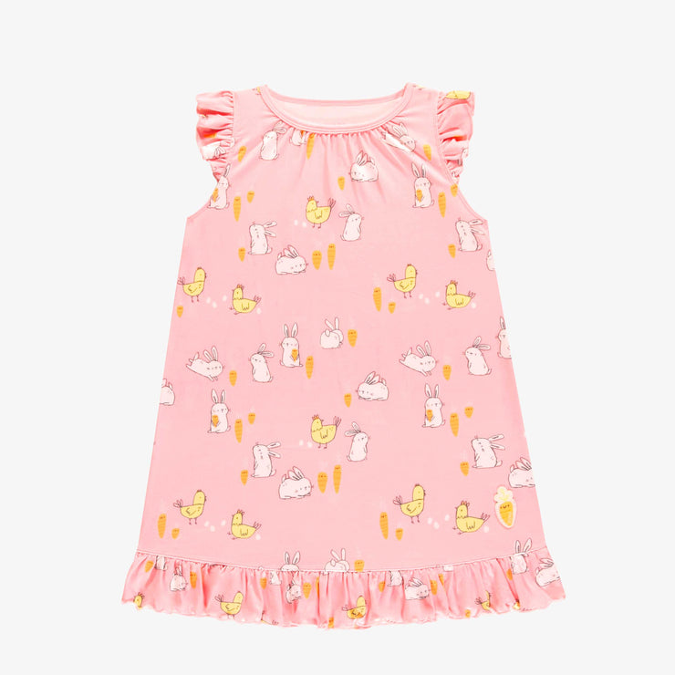 Robe de nuit rose avec motif de lapins et de poules, enfant || Pink night dress with bunnies and chickens print, child