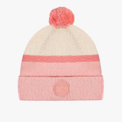Tuque de maille rose et crème rayé avec pompon, enfant || Striped pink and cream knit toque with pompom, child