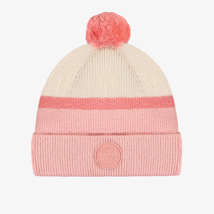Tuque de maille rose et crème rayé avec pompon, enfant || Striped pink and cream knit toque with pompom, child