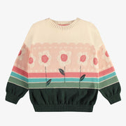 Chandail de maille à manches longues vert, crème et corail à motif jacquard floral, enfant || Long sleeves knitted sweater in green, cream and coral floral jacquard pattern, child