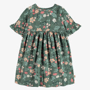 Robe régulière évasée manches courtes verte fleurie, enfant || Floral green short-sleeved regular flared dress, child