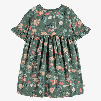 Robe régulière évasée manches courtes verte fleurie, enfant || Floral green short-sleeved regular flared dress, child
