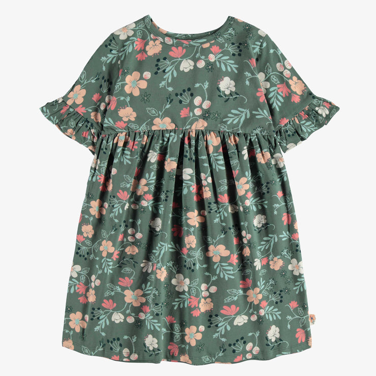 Robe régulière évasée manches courtes verte fleurie, enfant || Floral green short-sleeved regular flared dress, child