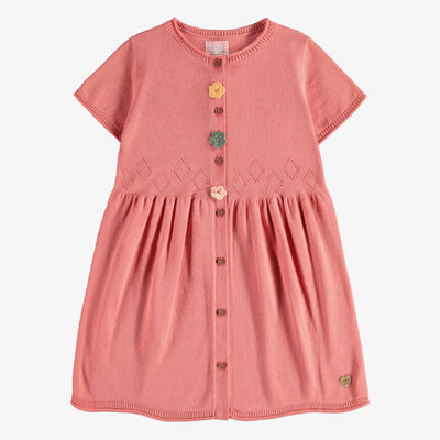 Robe ajustée évasée en maille à manches courtes rose, enfant || Pink short sleeves slim, fit flared knitted dress, child