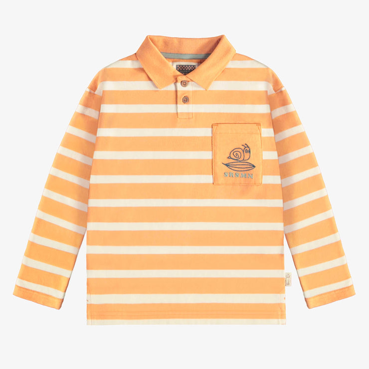 T-shirt à manches longues pêche et crème à rayures et col chemise, enfant || Peach and cream long sleeves t-shirt with stripes and shirt collar, child