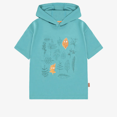 T-shirt à manches courtes bleu à capuchon et illustration, enfant || Blue short-sleeved hooded t-shirt with illustration, child