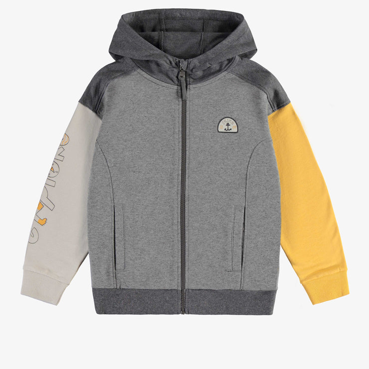 Chandail à capuchon jaune et gris avec bloc de couleur en coton français, enfant || Yellow and grey hoodie with color block in French cotton, child