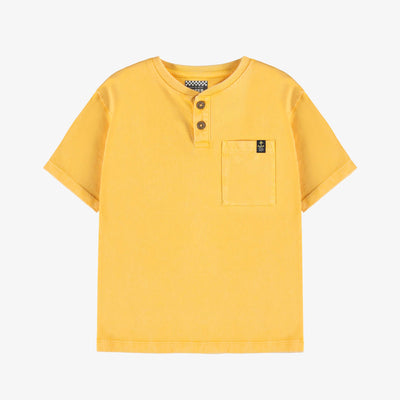 T-shirt à manches courtes jaune à col henley et illustration de pélican, enfant || Yellow short sleeves t-shirt with henley collar and pelican illustration, child
