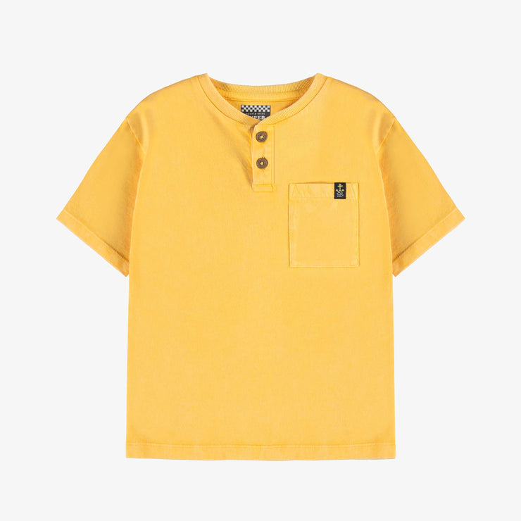 T-shirt à manches courtes jaune à col henley et illustration de pélican, enfant || Yellow short sleeves t-shirt with henley collar and pelican illustration, child