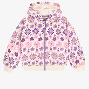 Chandail à capuchon crème fleuri mauve en coton français, enfant || Cream hoodie with purple floral print in French terry, child