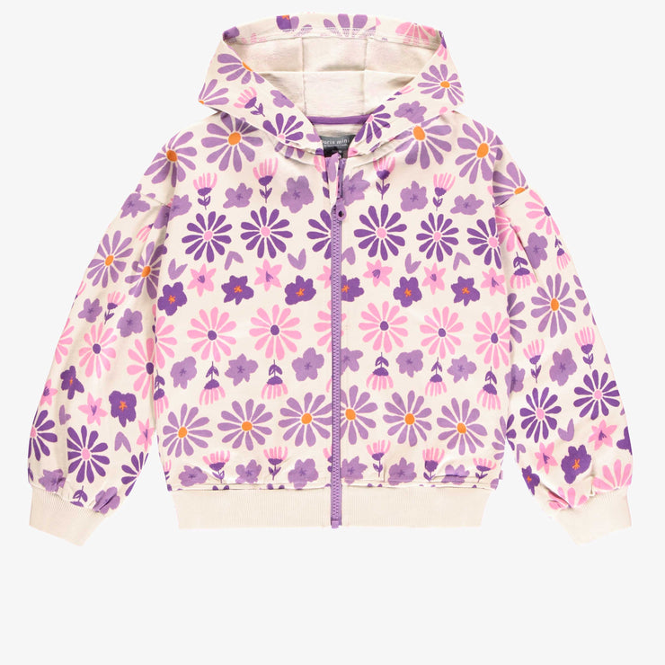 Chandail à capuchon crème fleuri mauve en coton français, enfant || Cream hoodie with purple floral print in French terry, child