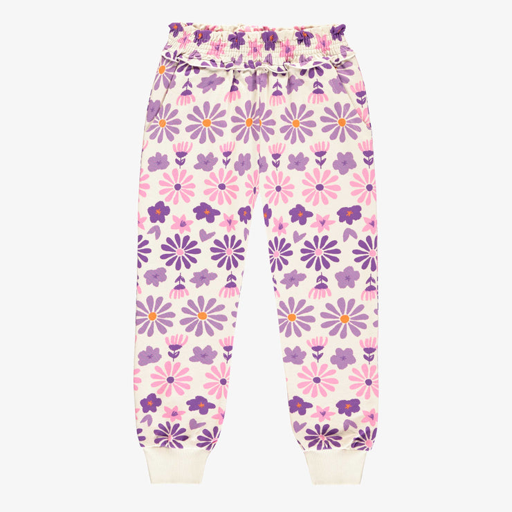 Pantalon crème fleuri mauve en coton français, enfant || Cream pants with purple floral print in French terry, child