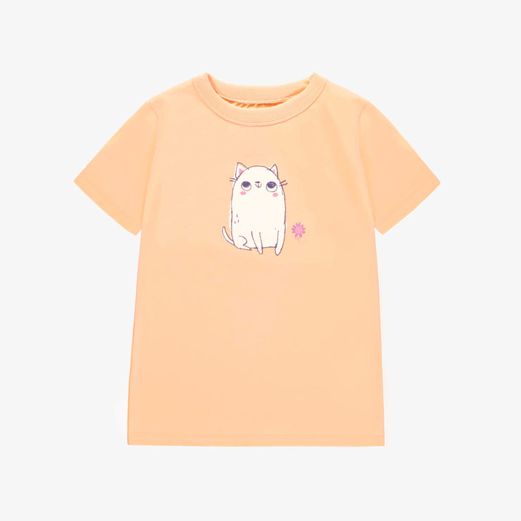 T-shirt à manches courtes de coupe ajustée pêche avec illustration, enfant || Peach short sleeves slim fit T-shirt with print, child