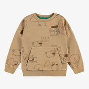 Chandail manches longues de coupe décontractée brun pâle avec illustrations, enfant || Light brown long sleeves patterned relaxed fit sweater with illustration, child