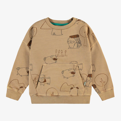 Chandail manches longues de coupe décontractée brun pâle avec illustrations, enfant || Light brown long sleeves patterned relaxed fit sweater with illustration, child