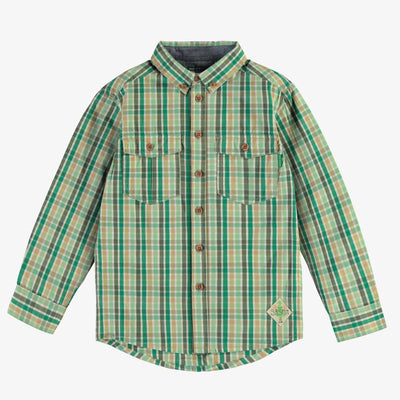 Chemise verte et crème à carreaux en doux coton, enfant || Green and cream plaid shirt in soft cotton, child
