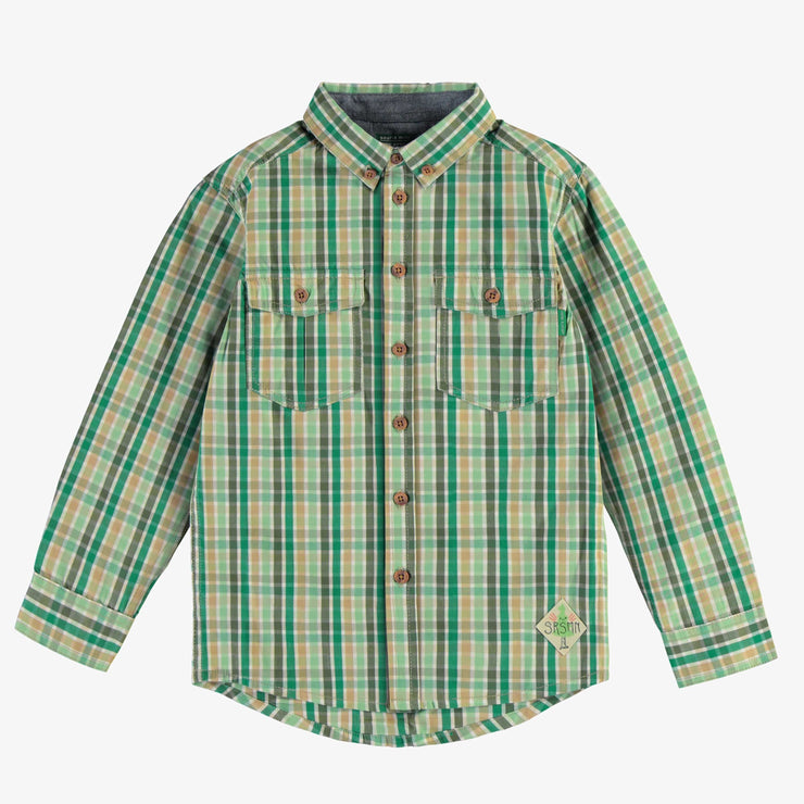 Chemise verte et crème à carreaux en doux coton, enfant || Green and cream plaid shirt in soft cotton, child