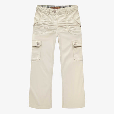 Pantalon crème coupe régulière à jambes évasées en denim twill extensible, crème, enfant  || Cream cargo style slightly flared denim twill pants, child