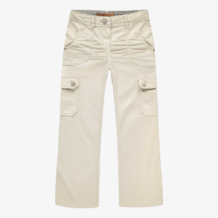 Pantalon crème coupe régulière à jambes évasées en denim twill extensible, crème, enfant  || Cream cargo style slightly flared denim twill pants, child