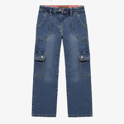 Pantalon cargo coupe régulière à jambes larges en denim twill extensible, bleu moyen, enfant  || Regular-fit wide-leg cargo pants in stretch twill denim, medium blue, child