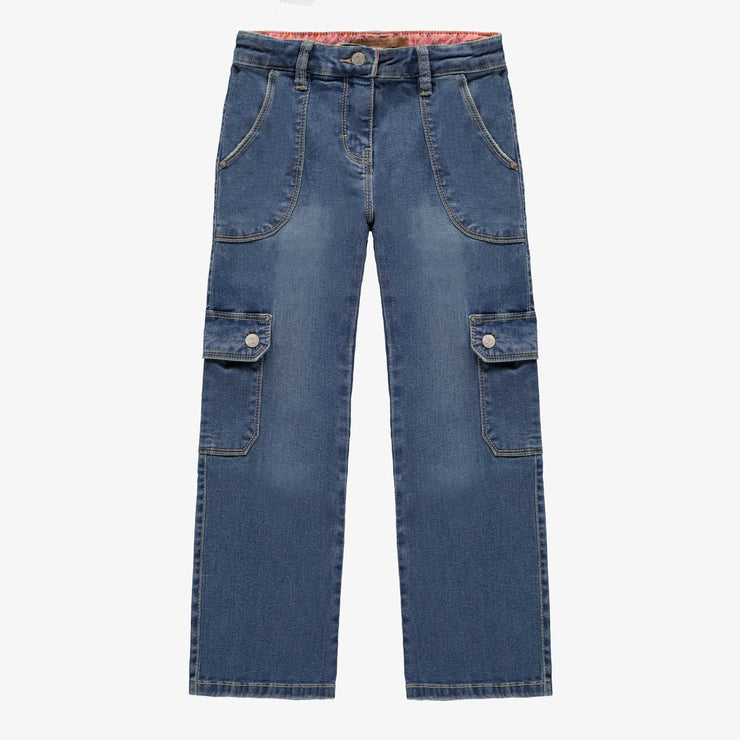 Pantalon cargo coupe régulière à jambes larges en denim twill extensible, bleu moyen, enfant  || Regular-fit wide-leg cargo pants in stretch twill denim, medium blue, child