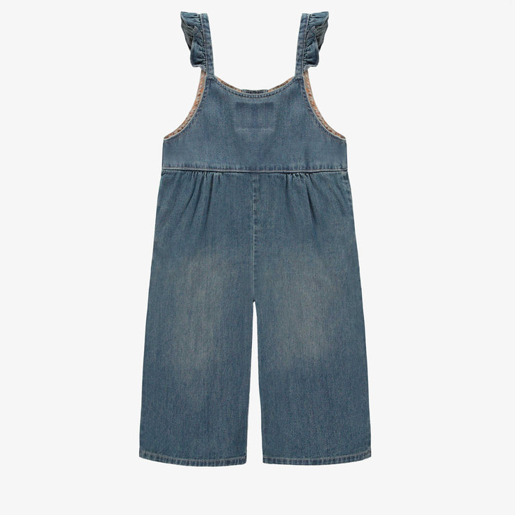 Salopette 7/8 avec bretelles à volants en denim bleu moyen, enfant || 7/8 overall with ruffle at straps in medium light denim, child