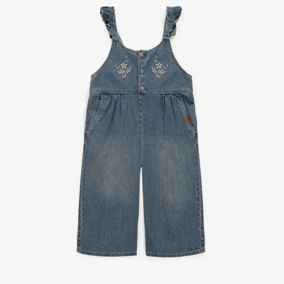Salopette 7/8 avec bretelles à volants en denim bleu moyen, enfant || 7/8 overall with ruffle at straps in medium light denim, child