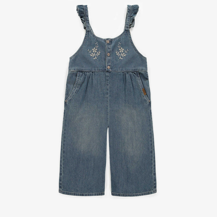 Salopette 7/8 avec bretelles à volants en denim bleu moyen, enfant || 7/8 overall with ruffle at straps in medium light denim, child