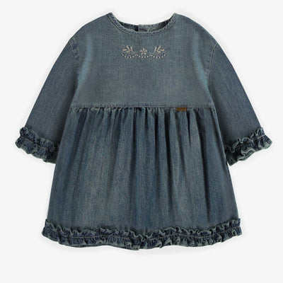 Robe tunique décontractée/évasée à manches 3/4 en denim léger bleu pâle, enfant