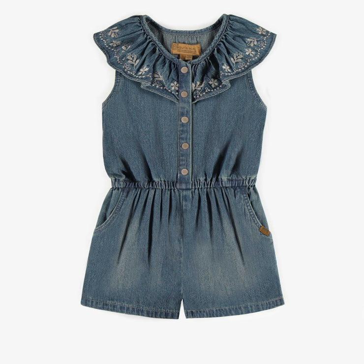 Une-pièce court de coupe décontractée en denim léger bleu moyen, enfant || Short one piece of relaxed fit in light denim, child