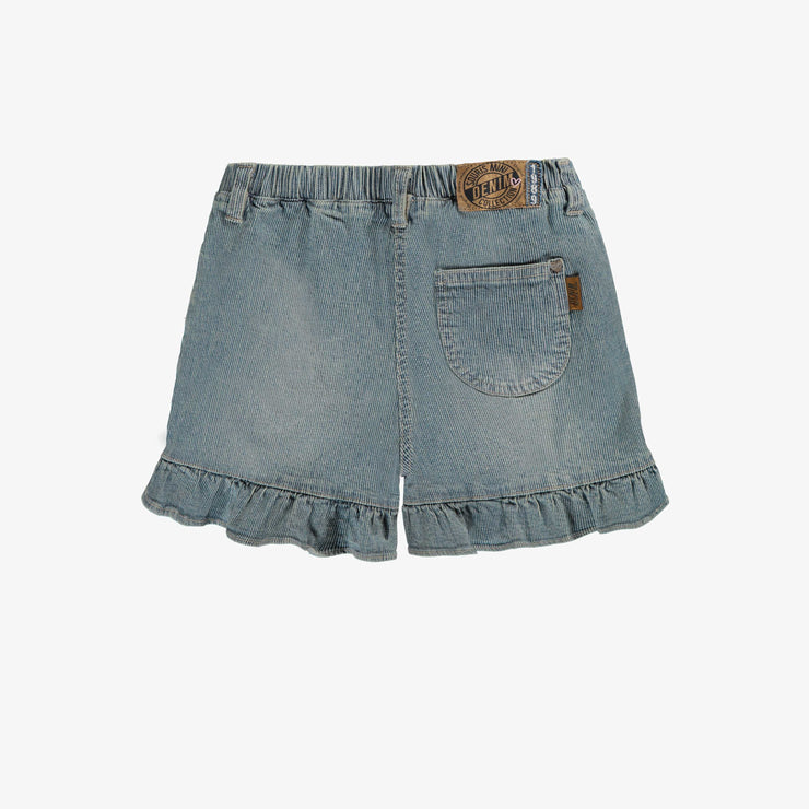 Short coupe décontractée en denim extensible, rayé bleu moyen, enfant || Relaxed fit short in railroad stretch denim, medium blue, child