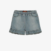 Short coupe décontractée en denim extensible, rayé bleu moyen, enfant || Relaxed fit short in railroad stretch denim, medium blue, child