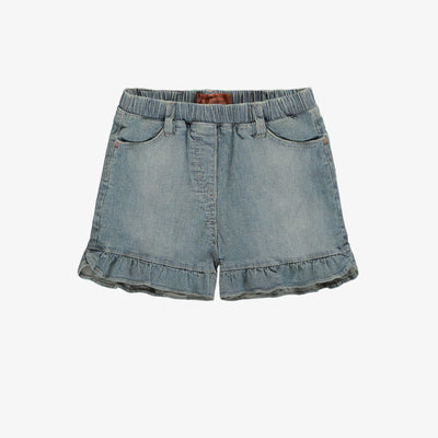 Short coupe décontractée en denim extensible, rayé bleu moyen, enfant || Relaxed fit short in railroad stretch denim, medium blue, child