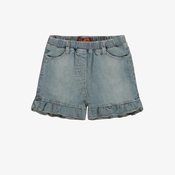 Short coupe décontractée en denim extensible, rayé bleu moyen, enfant || Relaxed fit short in railroad stretch denim, medium blue, child
