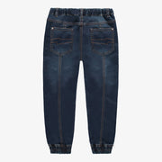 Pantalon coupe décontractée en denim tricoté extensible, bleu foncé, enfant || Relaxed fit pants in dark blue stretch denim, child