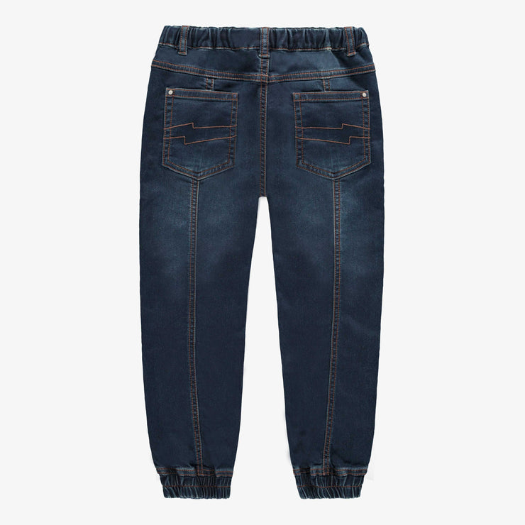 Pantalon coupe décontractée en denim tricoté extensible, bleu foncé, enfant || Relaxed fit pants in dark blue stretch denim, child