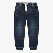 Pantalon coupe décontractée en denim tricoté extensible, bleu foncé, enfant || Relaxed fit pants in dark blue stretch denim, child
