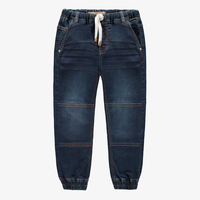Pantalon coupe décontractée en denim tricoté extensible, bleu foncé, enfant || Relaxed fit pants in dark blue stretch denim, child