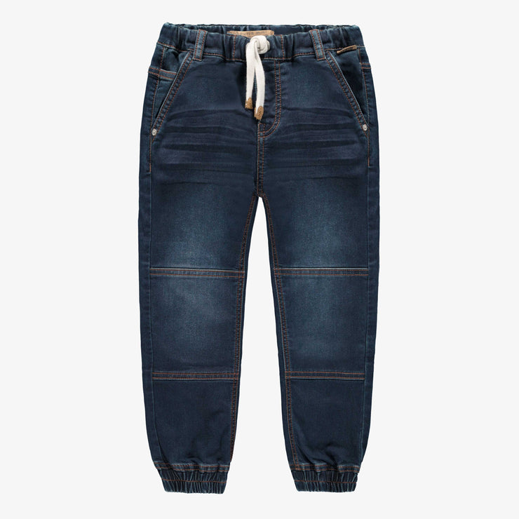 Pantalon coupe décontractée en denim tricoté extensible, bleu foncé, enfant || Relaxed fit pants in dark blue stretch denim, child