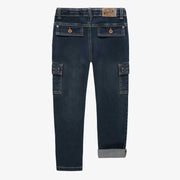 Pantalon de coupe régulière avec poches cargo en denim extensible, bleu foncé, enfant || Regular fit pants with cargo pockets in stretch dark blue denim, child