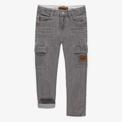 Pantalon de coupe régulière en denim extensible, gris moyen, enfant || Regular fit pants in stretch dark blue denim, child